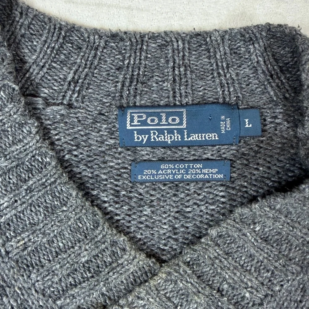 Polo Ralph Lauren Large Cotton Hemp Gray V-Neck Sweater with Brown Elbow Patches